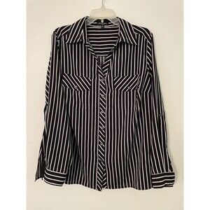 Notations Shirt Womens Size 1X Black White Striped Long Sleeve Button Up Pockets
